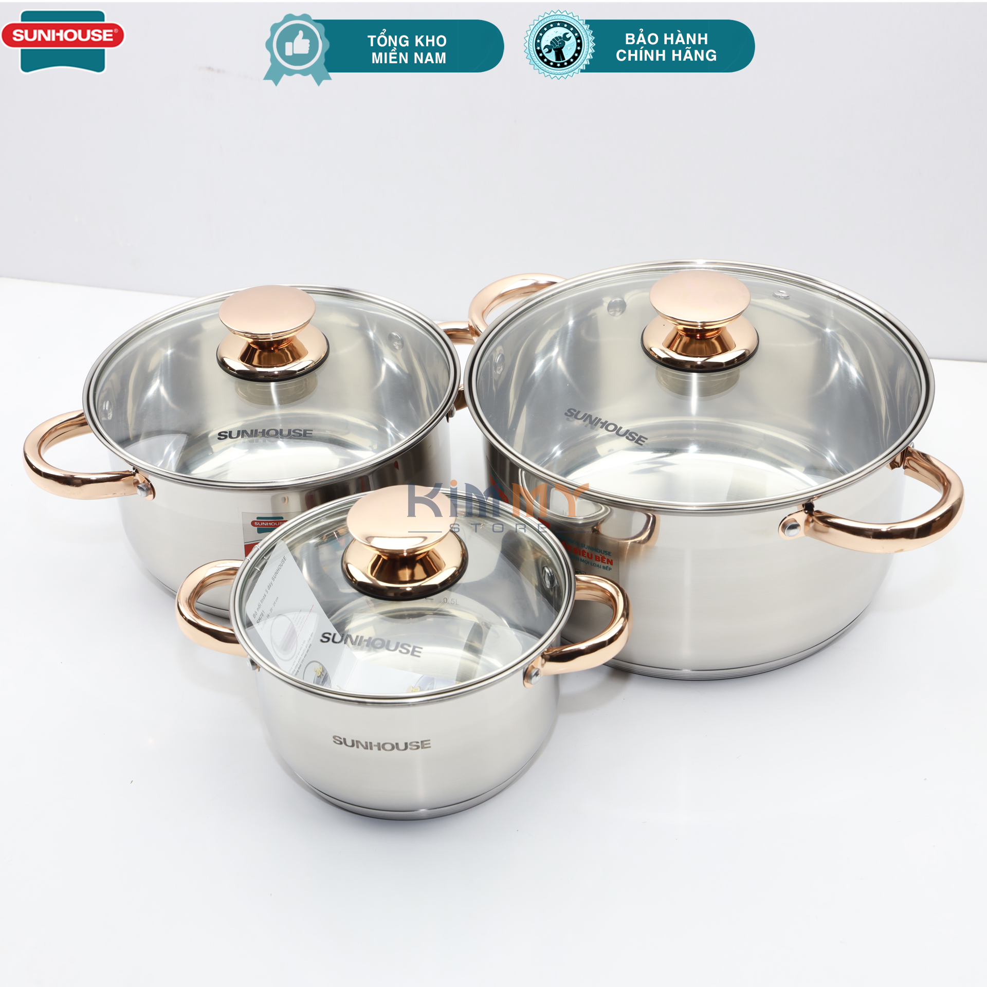Bộ 3 nồi INOX đáy 5 lớp quai gold Sunhouse SH781